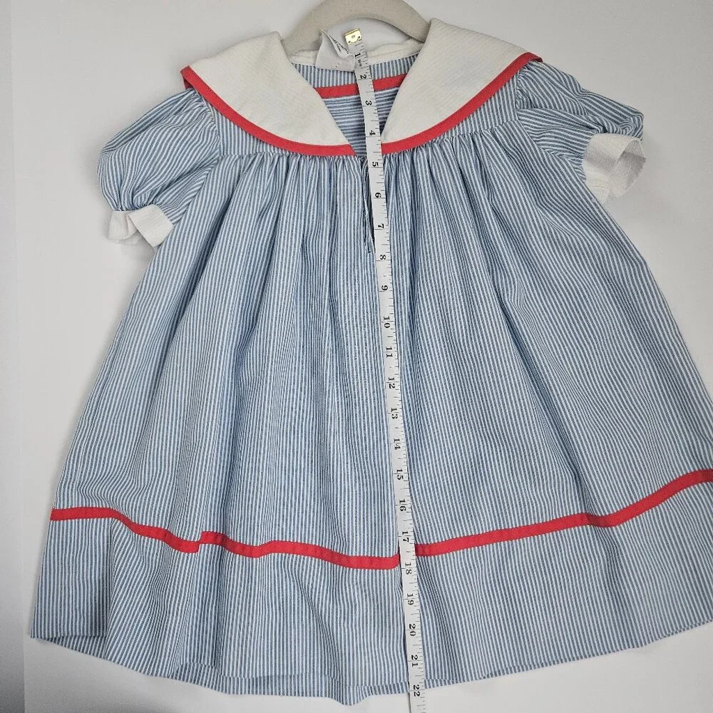 VTG Youngland Nautical Sailor Seersucker Dress Blue & White with Red Trim - Picture 11 of 15